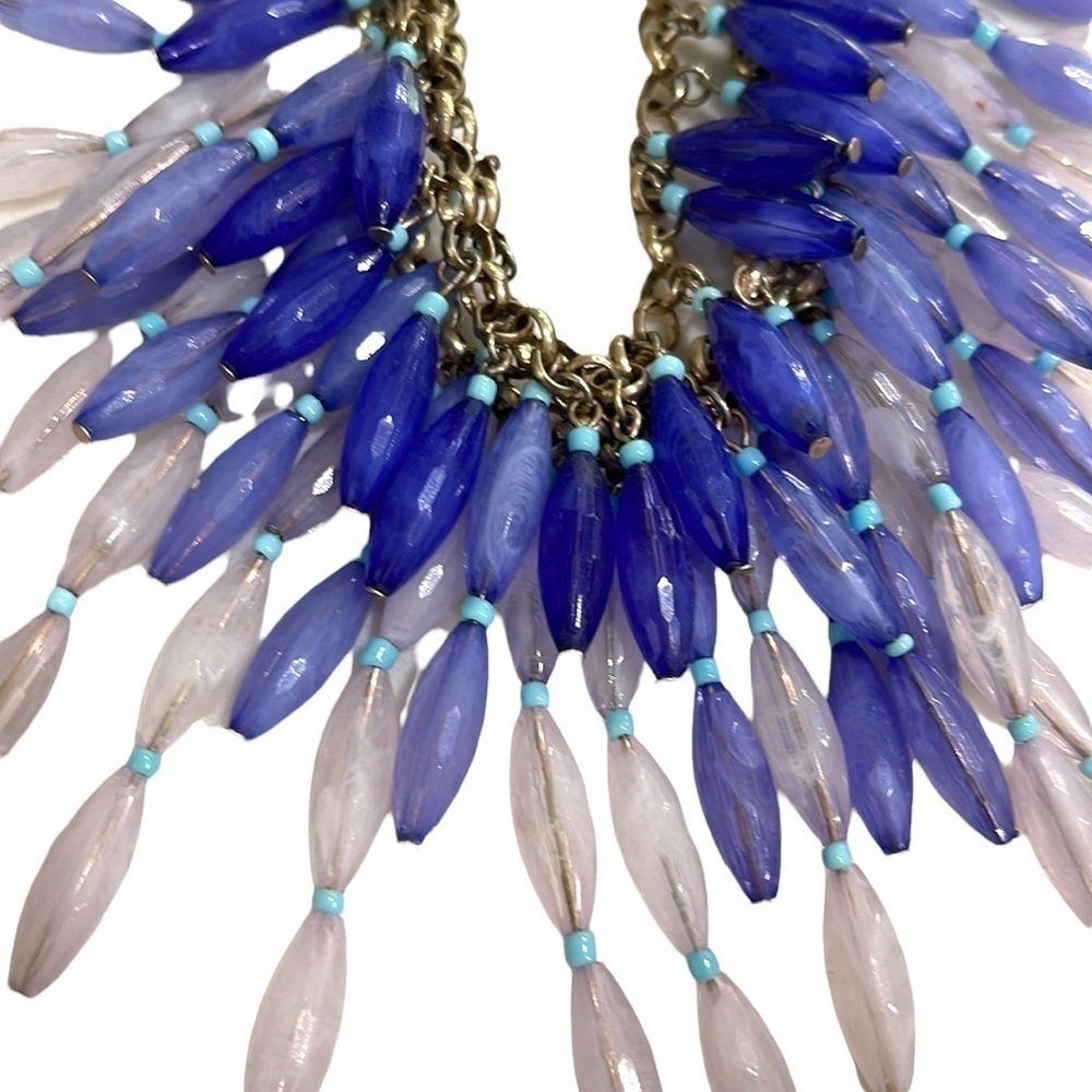 TRIPLE Layered Beaded Boho Statement Necklace Blue White - Picture 3 of 4